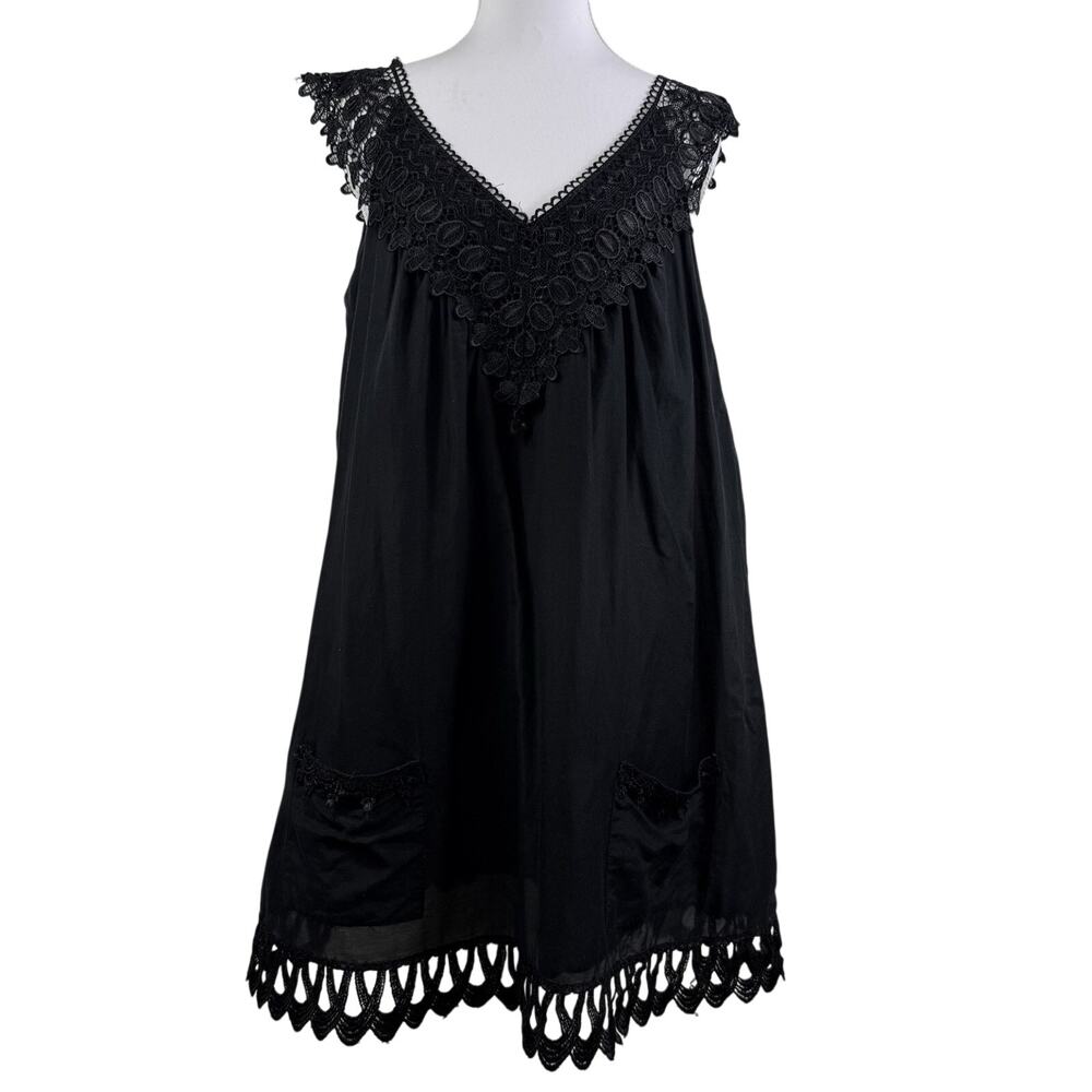 Whimsygoth Black Crochet Lace Bizz Princess Tunic Large Cotton Silk Pockets
